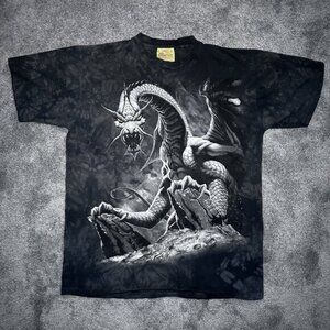 Vintage 2001 The Mountain Tie Dye Black Dragon Gray T-Shirt Mens Large